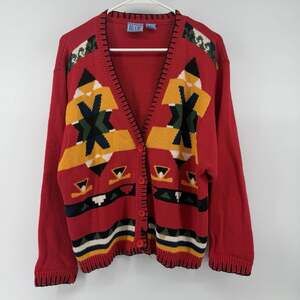 Beyond Blue VTG 90s Women’s Sz L Southwestern Aztec Cardigan Sweater Red Cotton